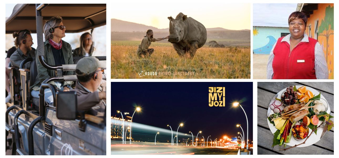Links: Sound Safari ©The Outpost, Mitte oben: © Justin Terblanche, Rechts oben: Betty Anoster © Cape St Francis Resort, Mitte unten: Lights Empowerments ©JoziMyJozi, Rechts unten: © South African Tourism